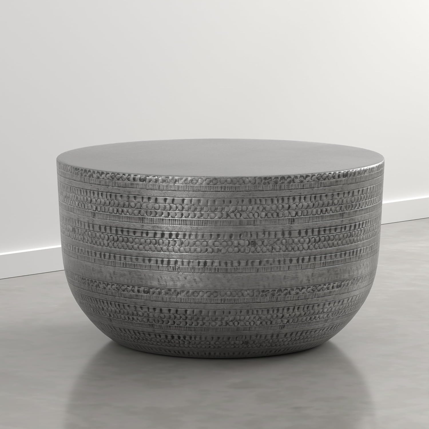 SIMPLIHOME Johnsen Metal Coffee Table - 30 inch Wide Solid Metal Round Drum Accent Table in Distressed Nickel, Boho Coffee Table for Living Room with Decorative Textured Design, Assembled
