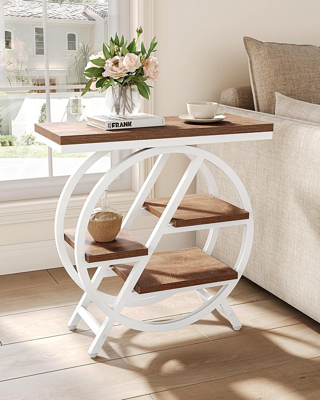 LITTLE TREE End Table, Set of 2 Narrow Side Table with 4-Tier Large Storage Space, Modern Bedside Table for Living Room, Home Office, Bedroom, Brown and White
