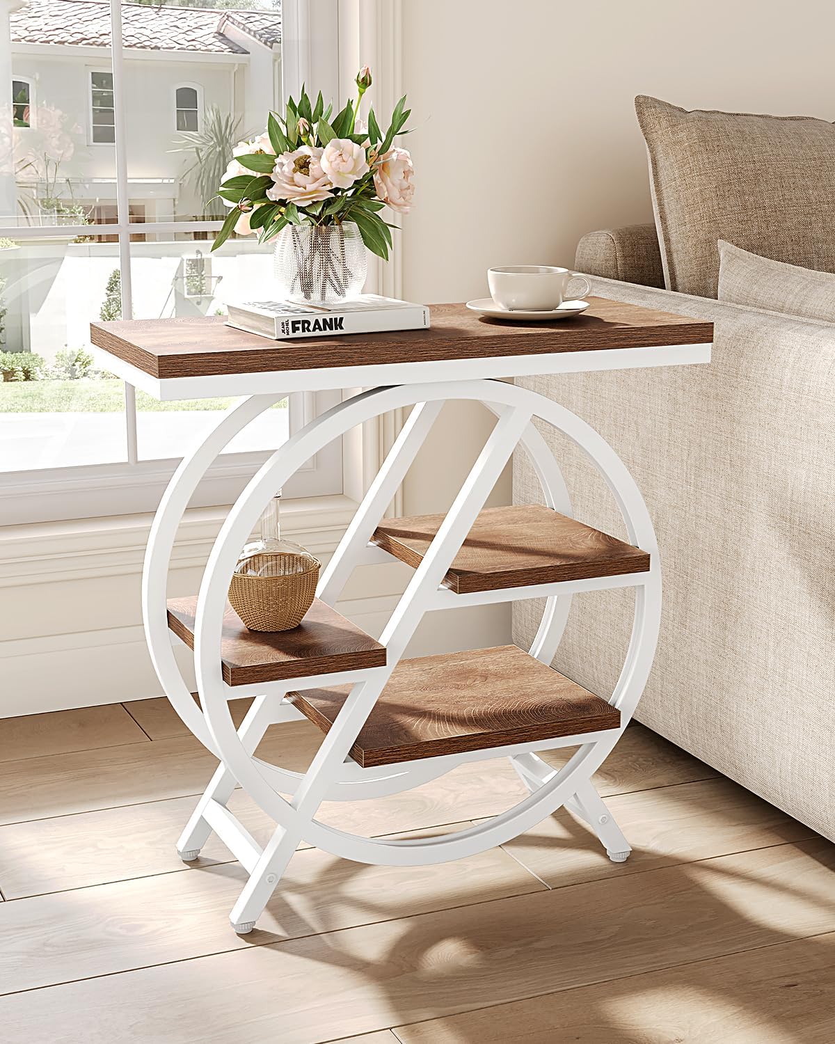 LITTLE TREE End Table, Set of 2 Narrow Side Table with 4-Tier Large Storage Space, Modern Bedside Table for Living Room, Home Office, Bedroom, Brown and White
