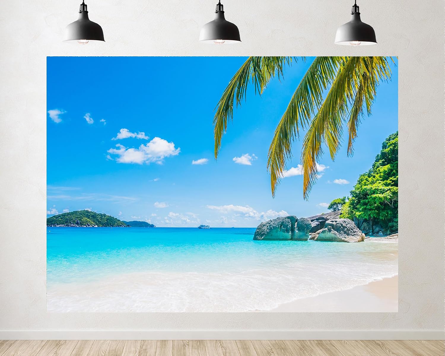 Trykid 20x10ft Tropical Beach Paradise Backdrop Turquoise Ocean White Sand Palm Fronds Clear Blue Sky Photography Background Vacation Getaway Tapestry Party Decoration Photo Studio Prop Fabric