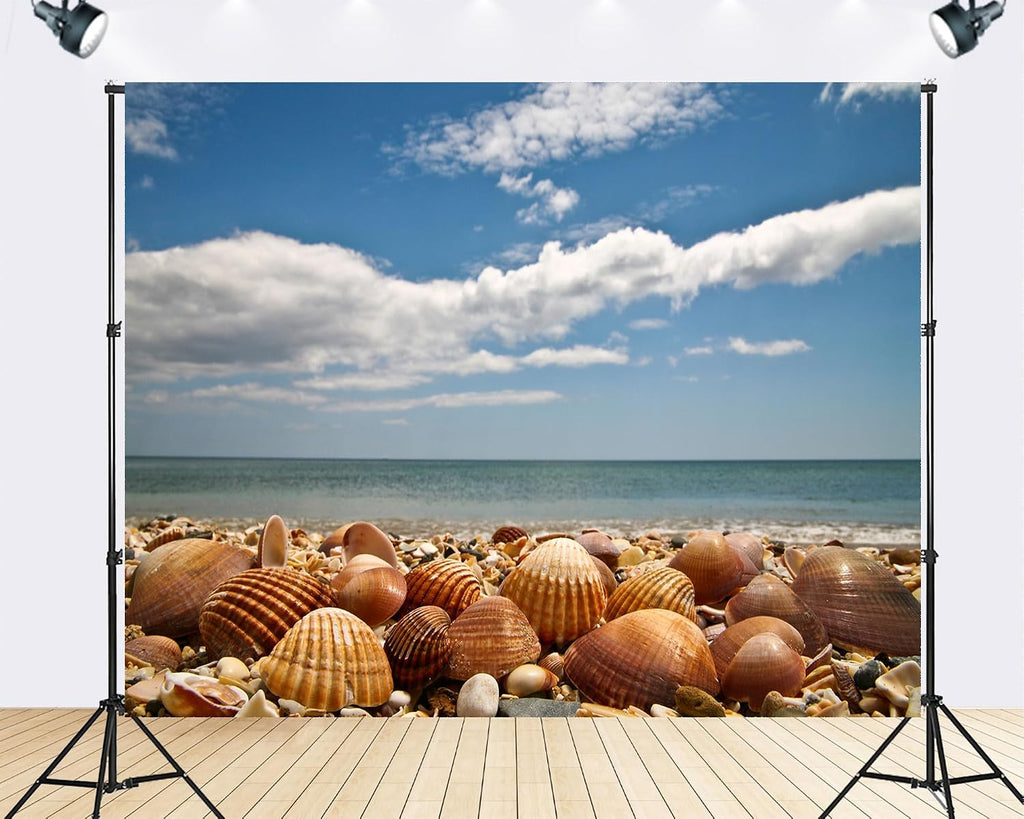 Trykid 20x10ft Tropical Seashell Beach Backdrop Clear Blue Water White Foam Pebbled Shore Photography Background Coastal Vacation Paradise Tapestry Party Decoration Photo Studio Prop Fabric