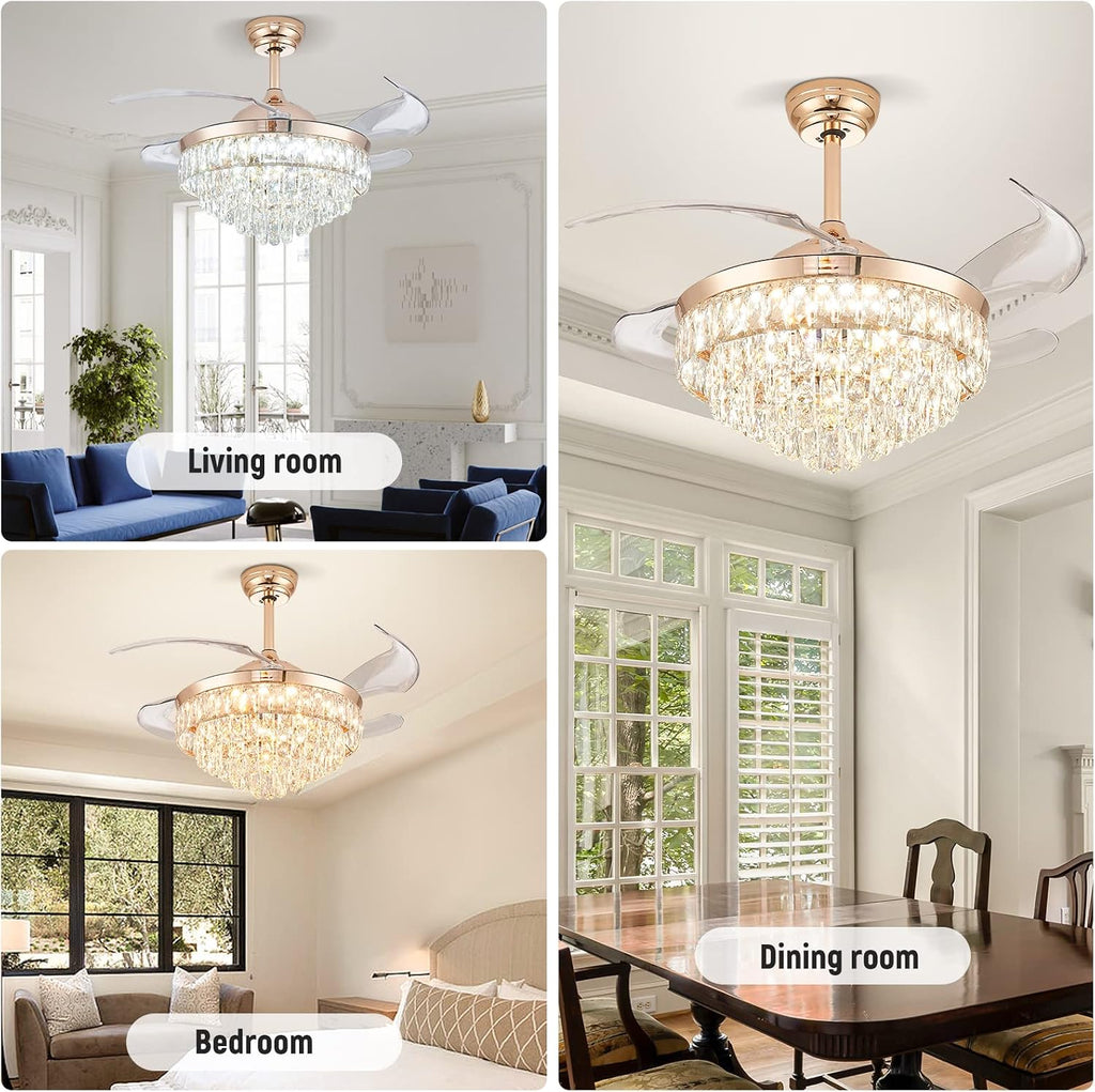 CLAIRDAI 42'' Crystal Fandelier Ceiling Fan with Lights, Dimmable LED Fan with Retractable Blades, Remote, 6-Speed Reversible, Semi Flush Mount for Bedroom Dining Room