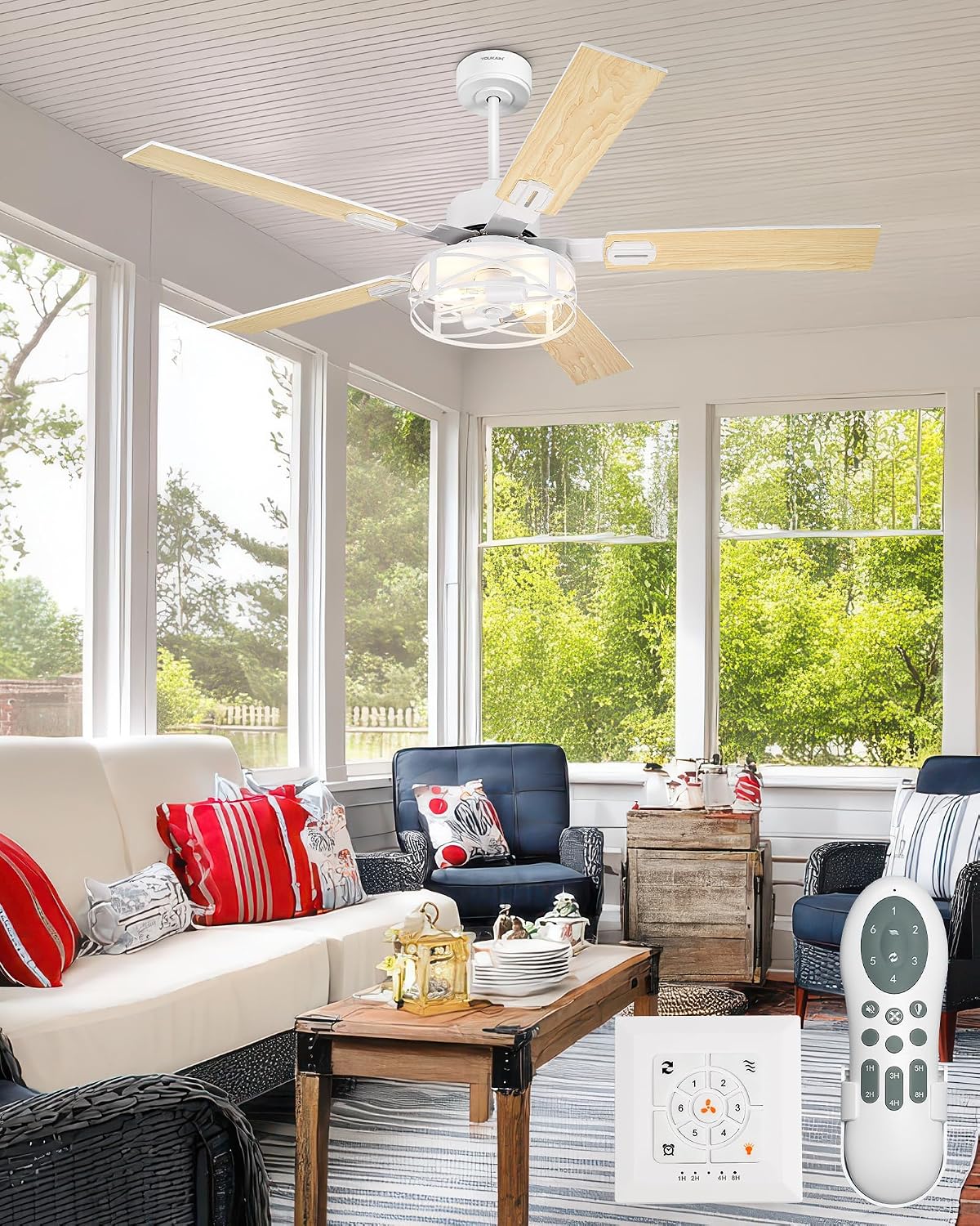YOUKAIN 48 Inch Ceiling Fans with Lights, Farmhouse Ceiling Fans with Wall Switch and Remote Control, 5-Reversible, White Finish, Outdoor Ceiling Fan for Indoor/Outdoor Use, 48-YJ632-WHW-WS