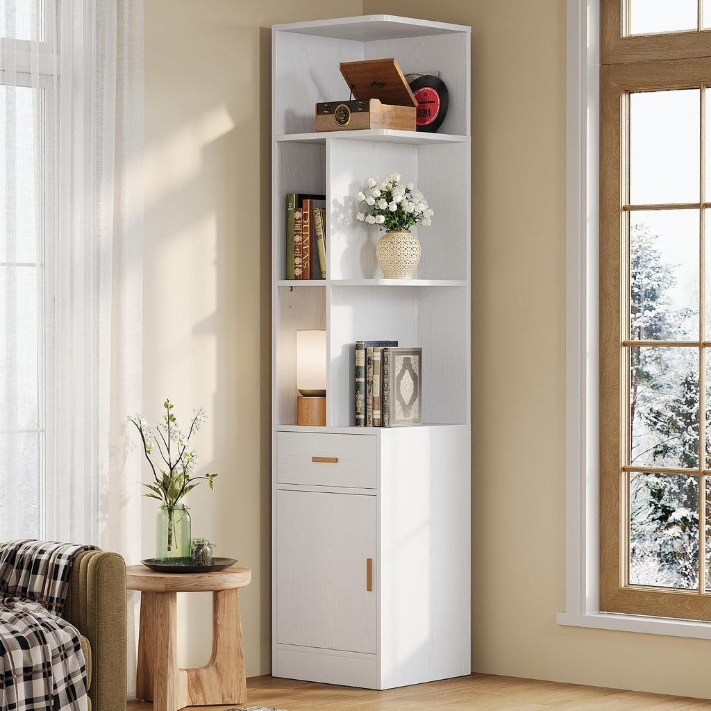 IRONCK Corner Bookshelf，72.8' Tall Corner Shelf with Drawer and Door, Narrow Corner Bookcase with Adjustable Shelves for Living Room Home Office, White