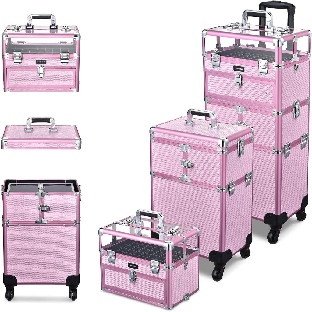 BYOOTIQUE 2in1 Nail Polish Organizer Rolling Makeup Train Case Manicure Cosmetic Trolley Travel Organizer Nail Case with Clear Lid Extendable Trays 4 removable wheels 54 Slots (Pink)