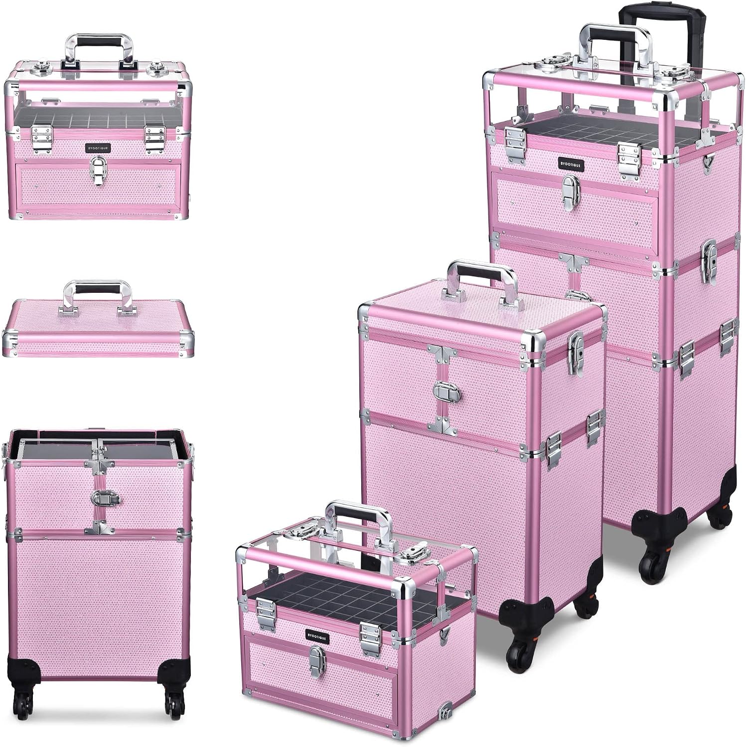BYOOTIQUE 2in1 Nail Polish Organizer Rolling Makeup Train Case Manicure Cosmetic Trolley Travel Organizer Nail Case with Clear Lid Extendable Trays 4 removable wheels 54 Slots (Pink)