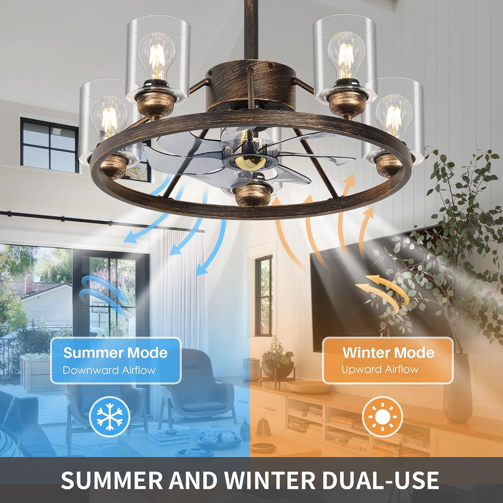 24' Ceiling Fans with Lights Wagon Wheel Chandelier, Farmhouse Fandelier Classical Black Fans with Glass Lampshade Light Fixture, 6 Speed, Timing, Adjustable Height for Dining Room Living Room