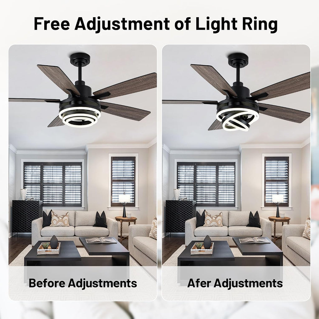 52 Inch Chandelier Ceiling Fans with Lights Remote Control,6 Wind Speeds,3 Lighting Colors Optional,DC Motor,DIY Rings LED,Farmhouse Ceiling Fan for Living Room/Dining Room/Bedroom/Kitchen