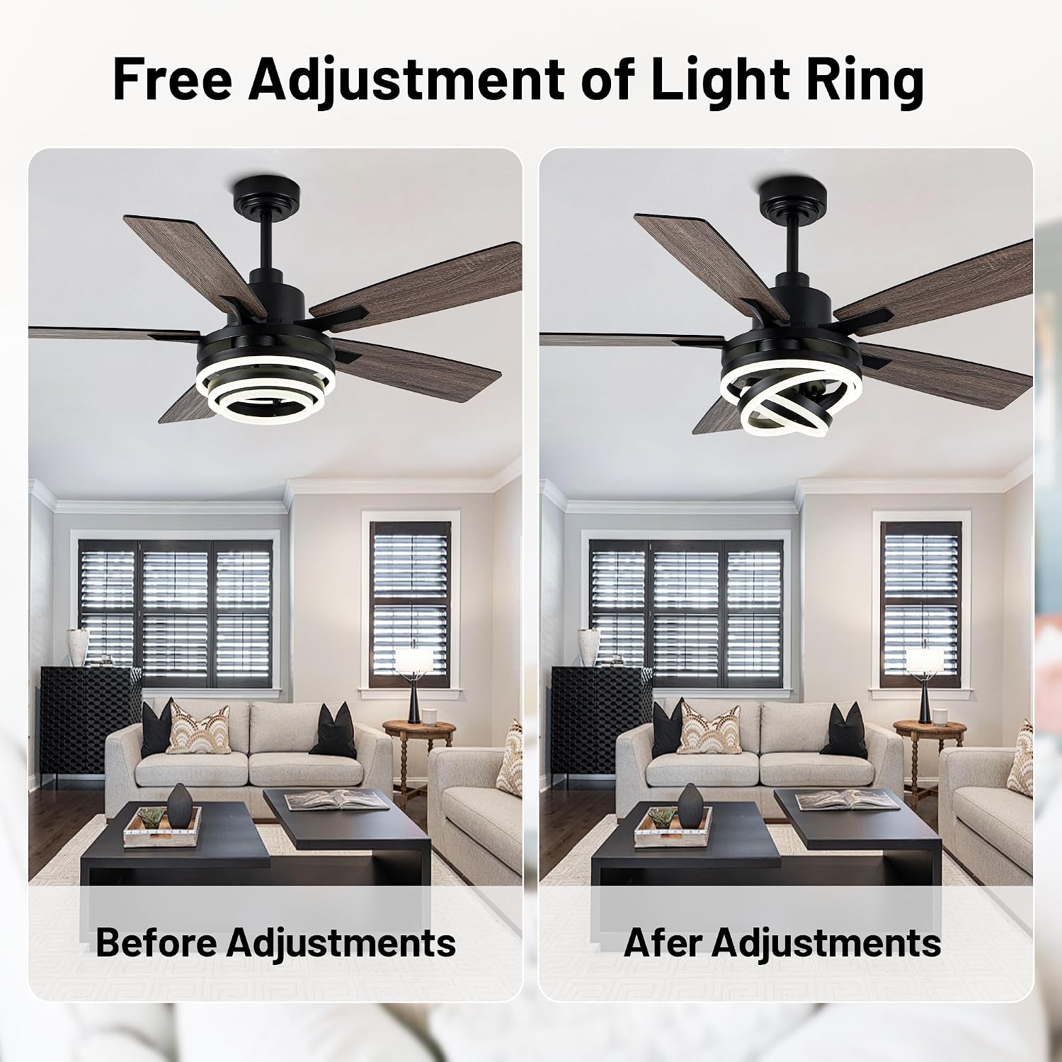 52 Inch Chandelier Ceiling Fans with Lights Remote Control,6 Wind Speeds,3 Lighting Colors Optional,DC Motor,DIY Rings LED,Farmhouse Ceiling Fan for Living Room/Dining Room/Bedroom/Kitchen