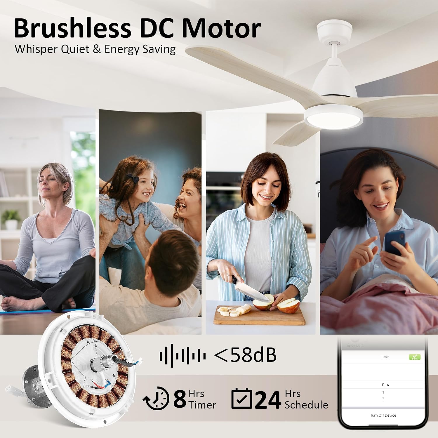SMAAIR 52 inch Ceiling Fans with Lights and Remote, Solid Wood 6-inch Downrod Mounted, Dimmable LED Light Tri-Color Temperature, DC Reversible Motor, App Control and Voice Control (52inch, White)