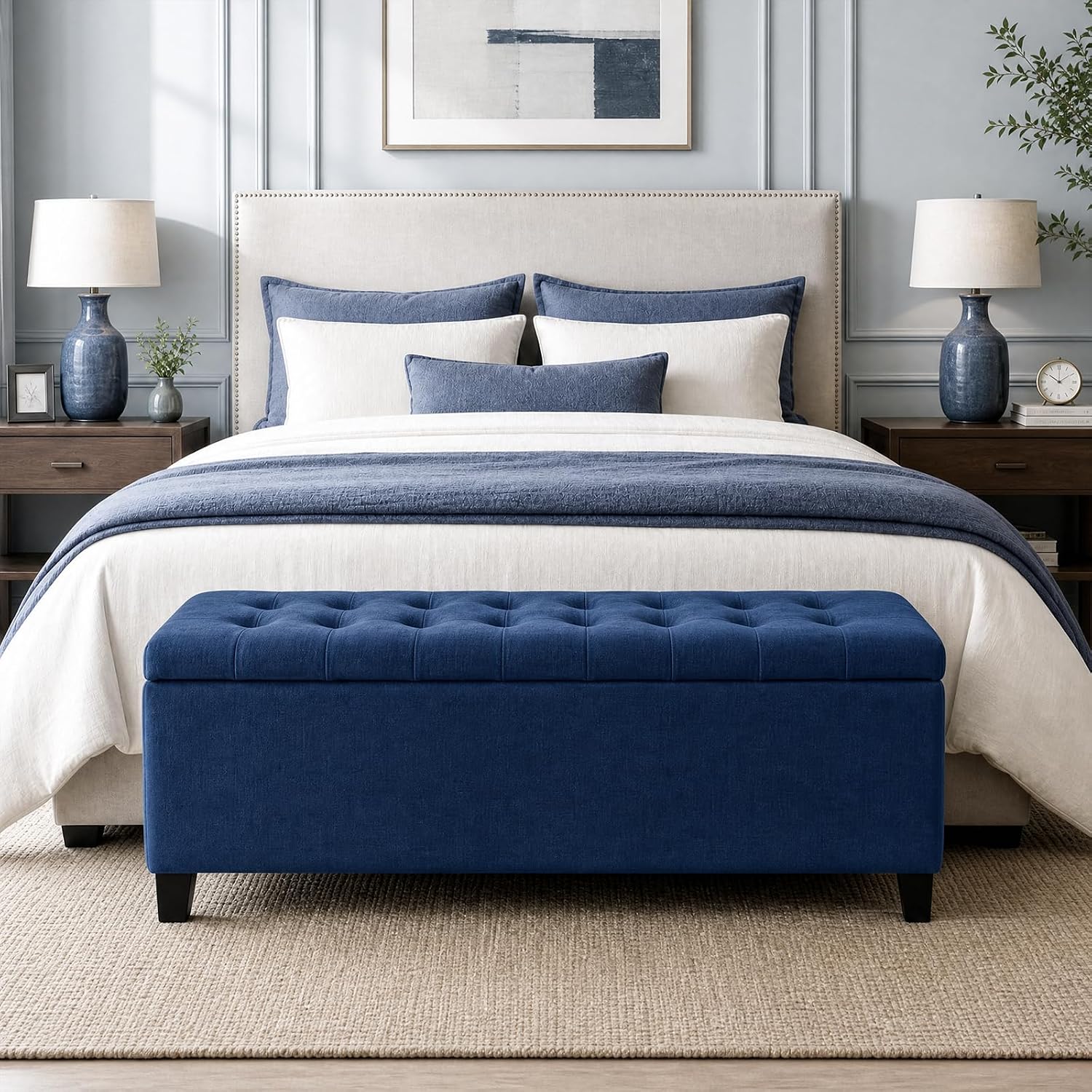 Madison Park 49' Upholstered Storage Bench, Button Tufted End of Bed Bench with Storage, Dual Spring Soft-Close Lid, Bedroom Bench for Queen King Bed, Entryway Living Room, Navy