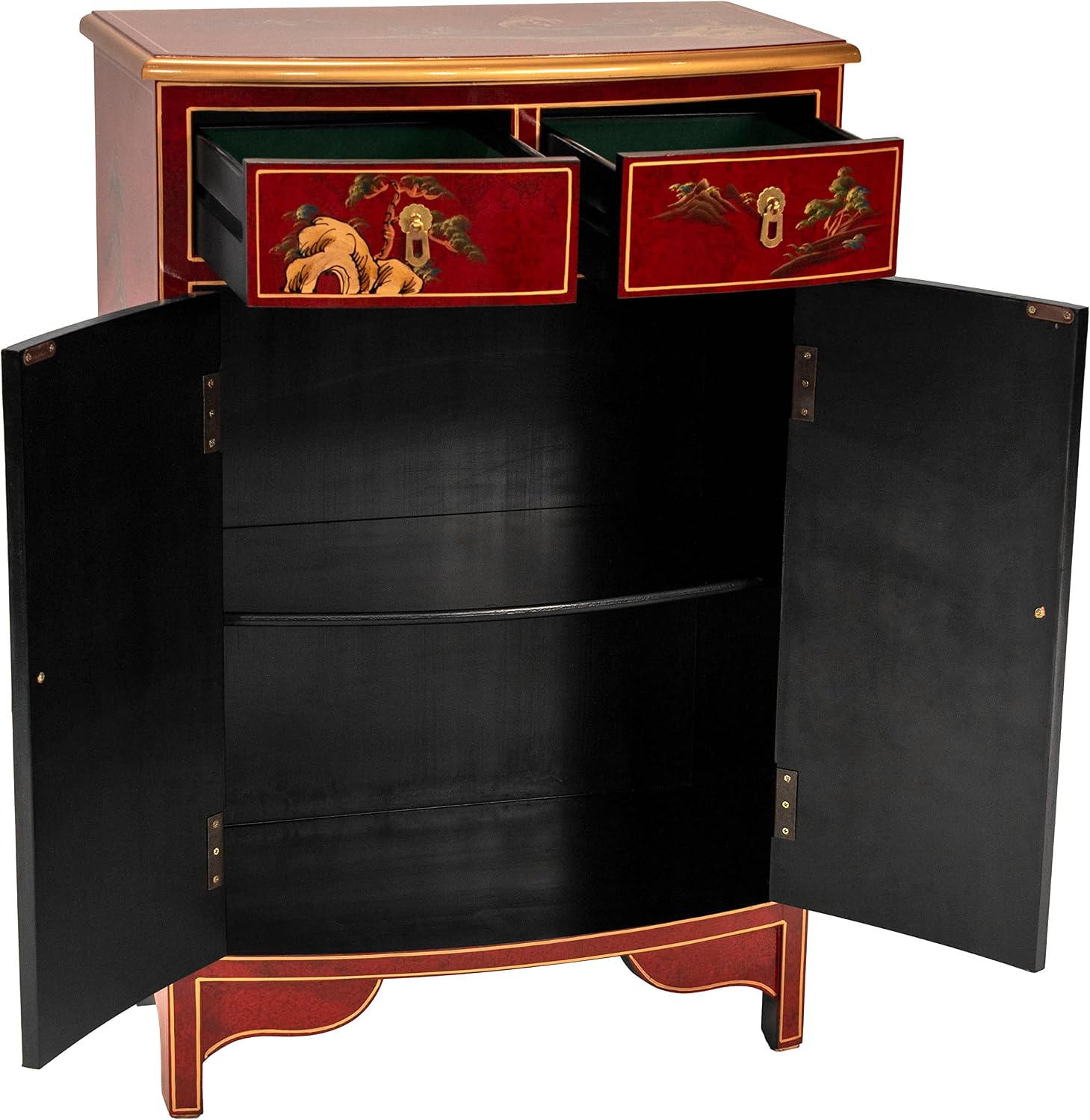 Red Lantern Artisan Crafted Lacquer Storage Cabinet - Red with Hand-Painted Chinese Landscape