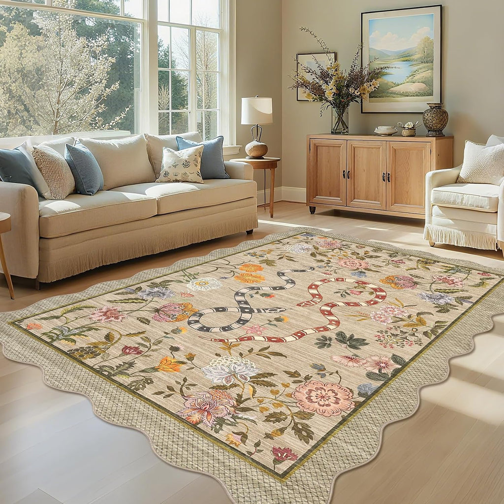 Garvee Washable 9x12 Area Rugs for Living Room Non Slip Botanical Snake Rugs for Bedroom, Boho Scalloped Stain-Resistant Dining Room Rug for Under Table Carpet for Home Office Playroom Farmhouse,Brown