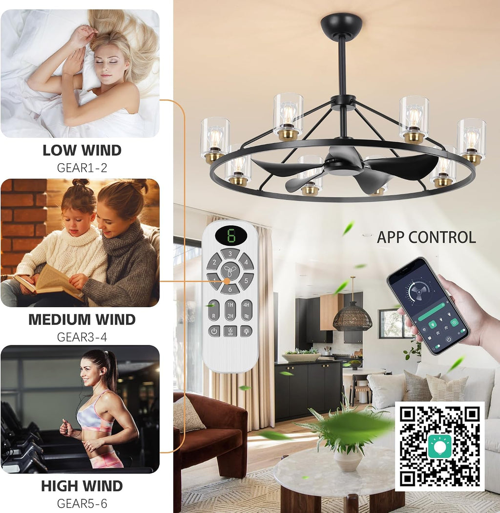 44 inch Ceiling Fans with Lights Wagon Wheel Chandelier, Farmhouse Fandelier Black Gold Fans with Glass Lampshade Light Fixture,App control,6 Speed,Timing,Adjustable Height for Dining Room Living Room
