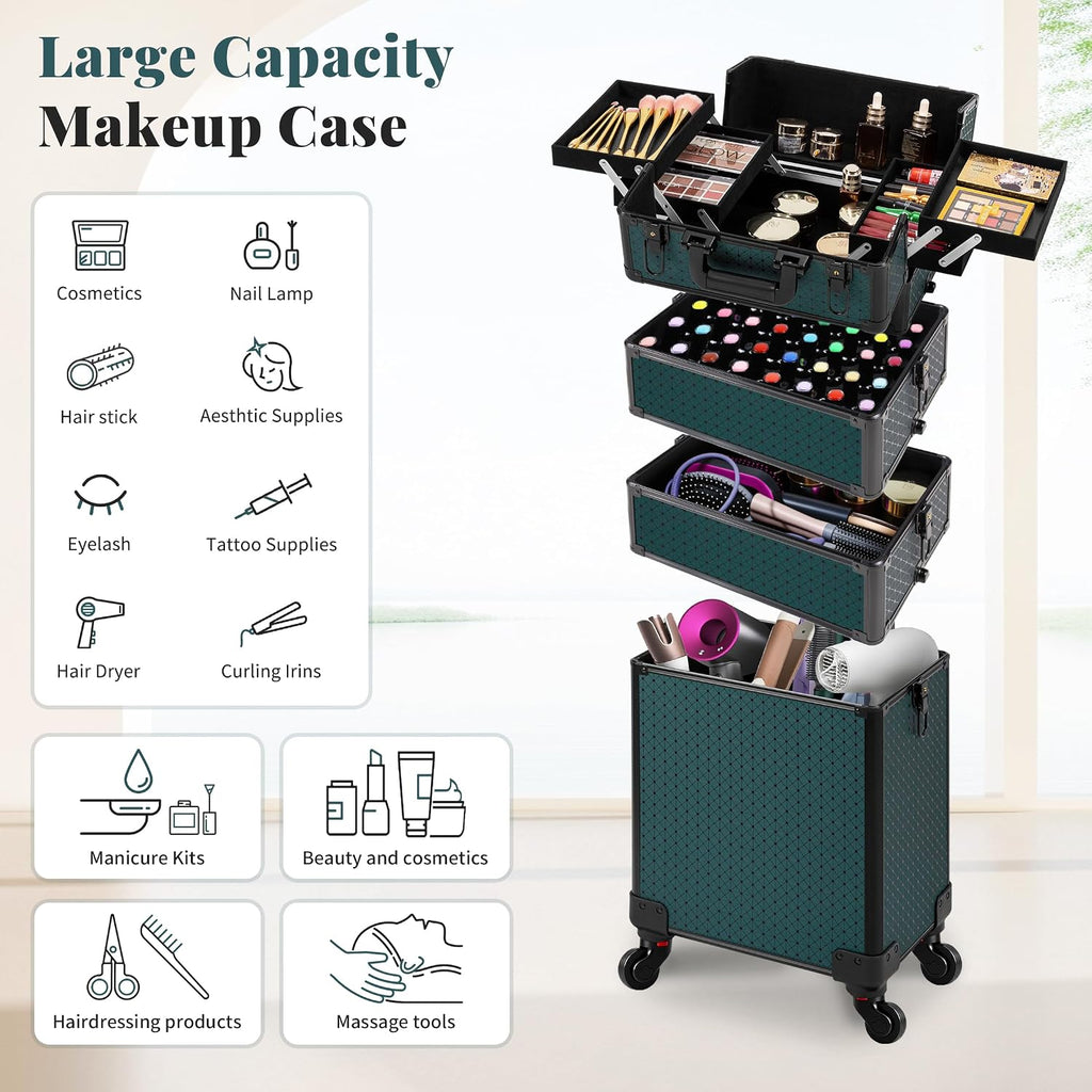 AROUS Rolling Makeup Train Case 4 in 1 Cosmetology Case on Wheels Large Storage Cosmetic Trolley with Key Salon Barber Traveling Cart Trunk, Green