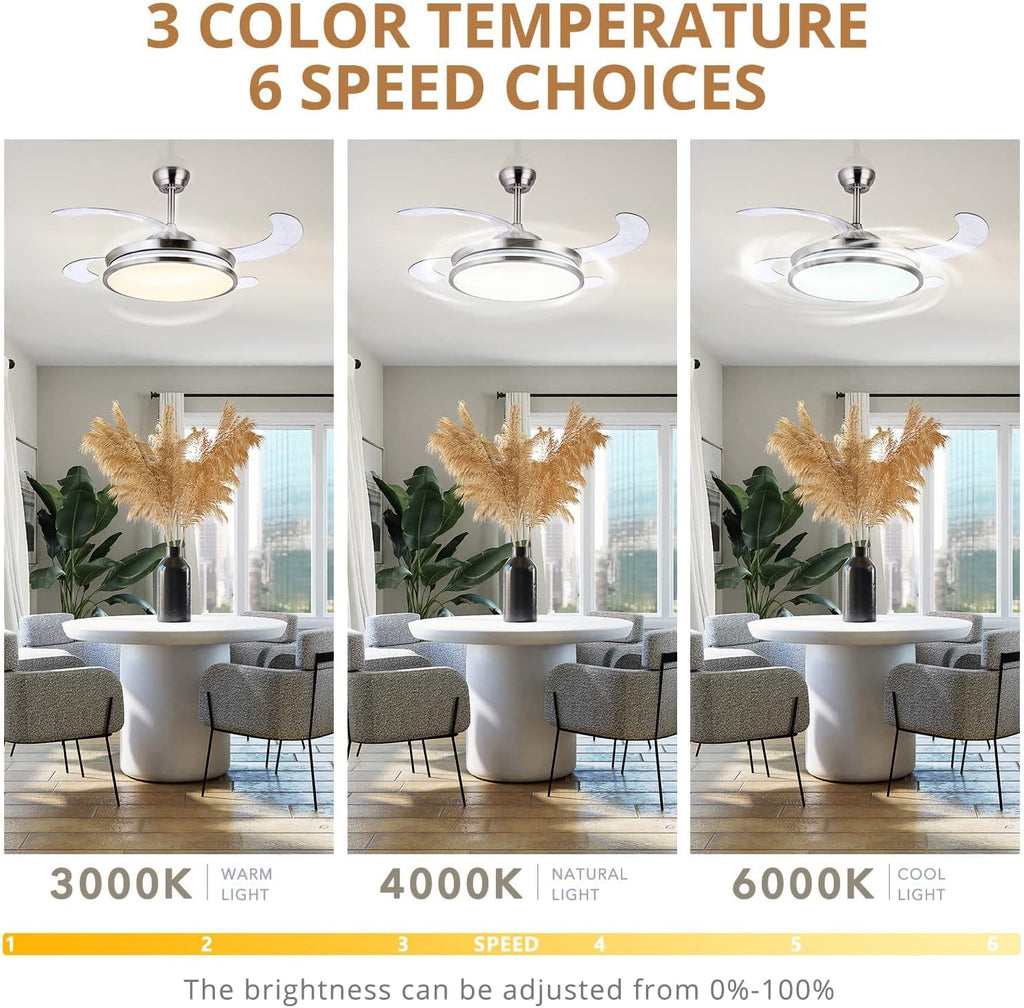 STERREN Retractable Ceiling Fans with Lights,42 Inch Modern Low Profile Bladeless LED Ceiling Fan Lights with Remote Control Smart Brushed Nickel Ceiling Fan for Bedroom Living Room
