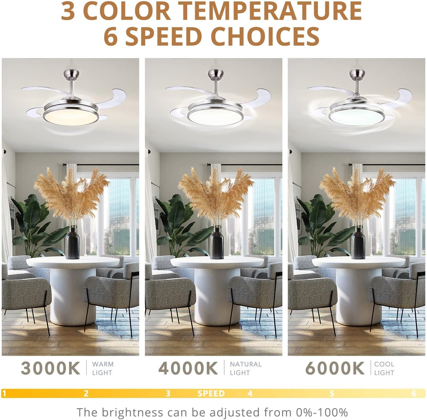 STERREN Retractable Ceiling Fans with Lights,42 Inch Modern Low Profile Bladeless LED Ceiling Fan Lights with Remote Control Smart Brushed Nickel Ceiling Fan for Bedroom Living Room
