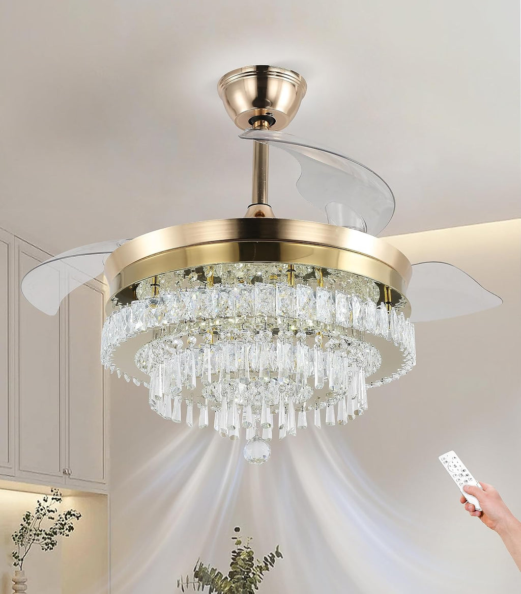 Finktonglan 42' Crystal Gold Fandelier Ceiling Fan with Light, Retractable Blades, Dimmable 60W LED, Remote & App Control, Quiet Reversible Motor, 6 Speeds & Timer, Downrod Mount