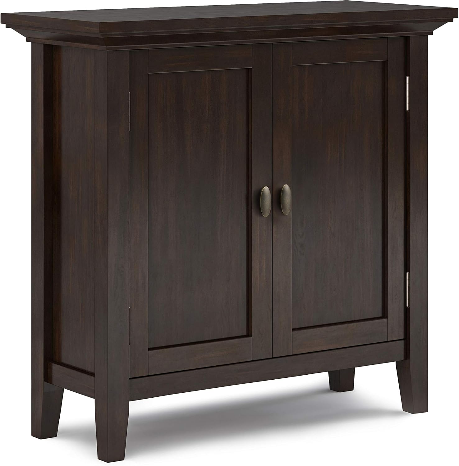 SIMPLIHOME Redmond Storage Cabinet - 32 inch Wide Solid Wood 2-Shelf Low Storage Cabinet in Brunette Brown, Transitional Accent Cabinet for Entryway with Adjustable Shelves and Tapered Legs