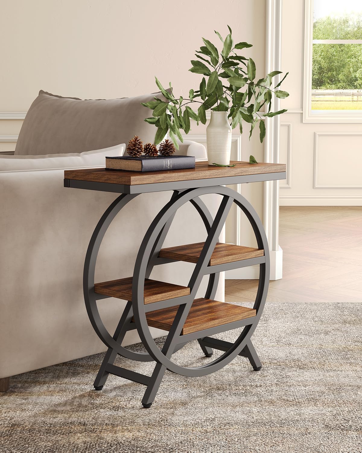 LITTLE TREE End Table, Set of 2 Narrow Side Table with 4-Tier Large Storage Space, Modern Bedside Table for Living Room, Home Office, Bedroom, Brown
