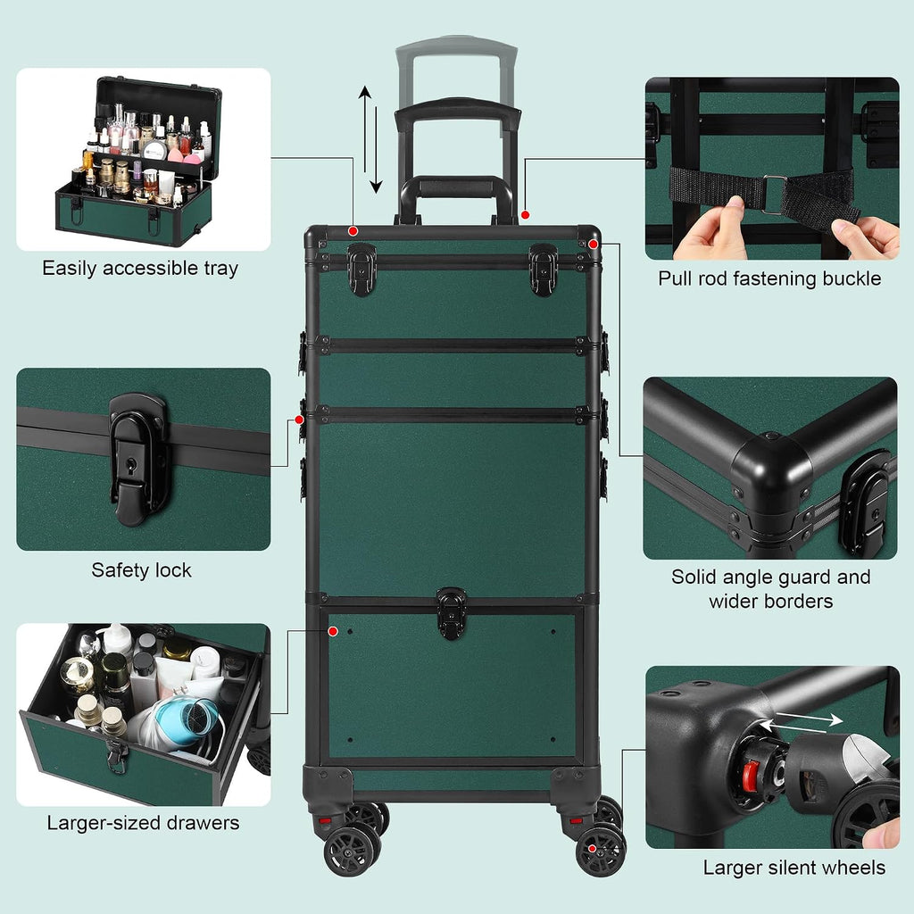 Somduy Makeup Train Case with LED Mirror, Rolling Makeup Case with Drawers, Cosmetology Case on Wheels, Gift, Travel Makeup Organizers, Profesional Cosmetic Case for Salon Barber,Nail,Tattoo,Green