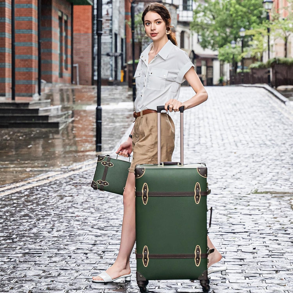 urecity 26' Vintage Luggage Set, 2 Piece Army Green Retro Checked Suitcase with Cosmetic Case, Luxury Vegan Leather Aluminum Frame Spinner Trunk for Women (with Protective Clear Cover)