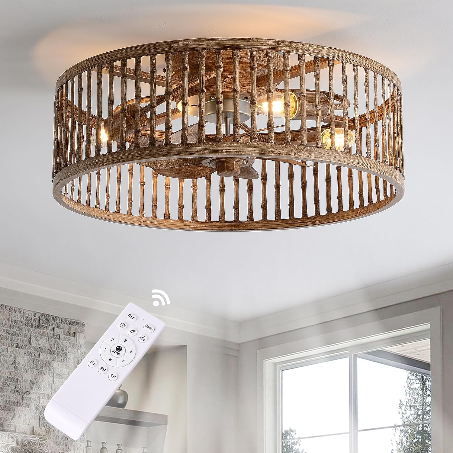 Rustic Looking Caged Ceiling Fan with Lights and Remote, 20 Inch Low Profile Flush Mount Fandelier, Bladeless/Quiet Motor Boho Fan Light for Bedroom, Dining Room, Kitchens, Living Room, Office