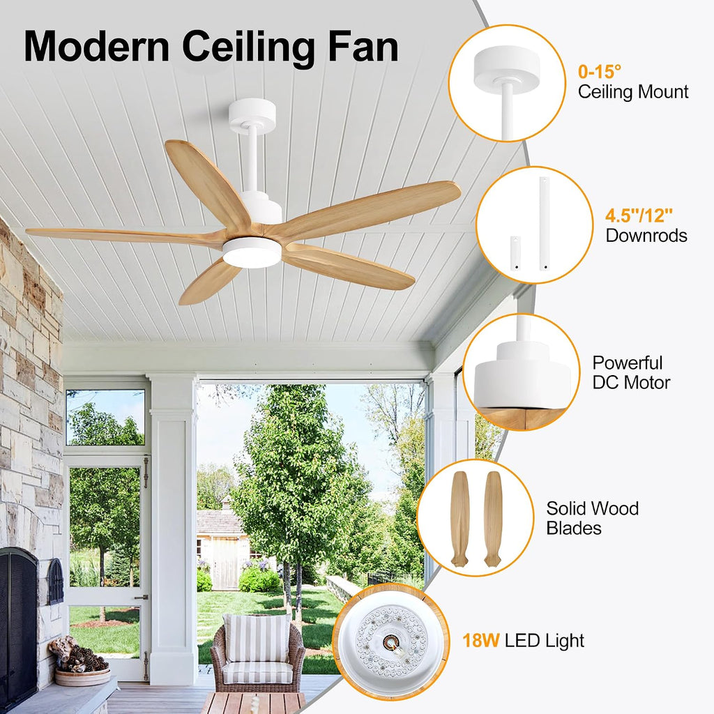 WINGBO 54' Ceiling Fan with Light - 5 Carved Solid Wood Blades, 6-Speed Reversible DC Motor, Dimmable, 3CCT, Noiseless Remote Control Ceiling Fans with Lights for Bedroom Living Room, White and Oak