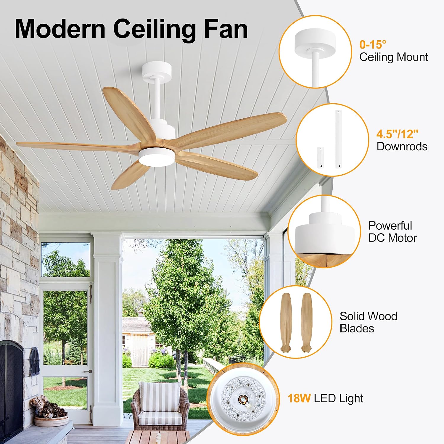 WINGBO 54' Ceiling Fan with Light - 5 Carved Solid Wood Blades, 6-Speed Reversible DC Motor, Dimmable, 3CCT, Noiseless Remote Control Ceiling Fans with Lights for Bedroom Living Room, White and Oak