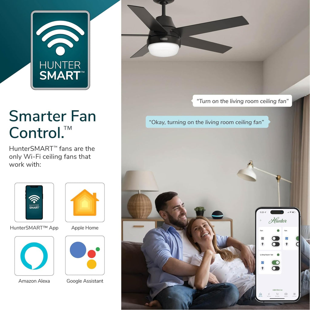 Hunter 72 inch Indoor Ceiling Fan with LED Light and Remote Control - Black Smart Ceiling Fan, Standard Mount, 6 Blades, for Bedroom or Living Room, Quiet - Gravity 51950, Matte Black