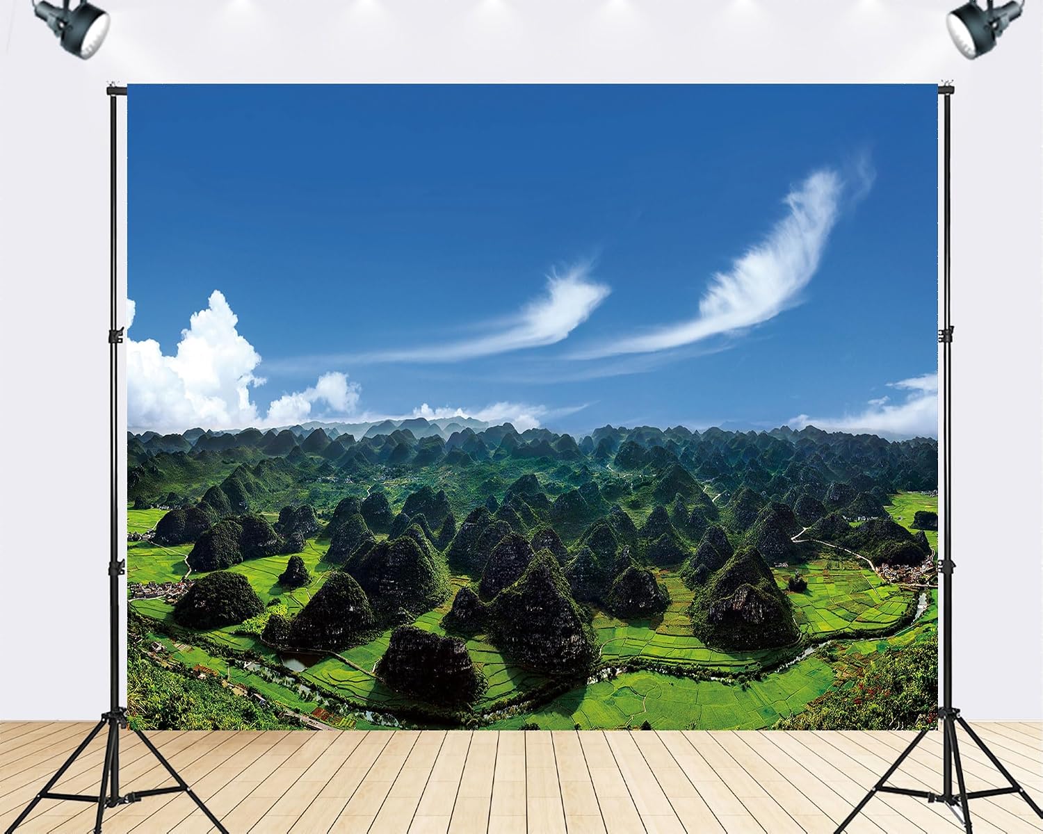 Trykid 20x10ft Karst Peak Forest Rural Backdrop Scenic Green Rice Paddy Rolling Hills Clear Sky Photography Background Farm Themed Party Decoration Photo Booth Prop Fabric