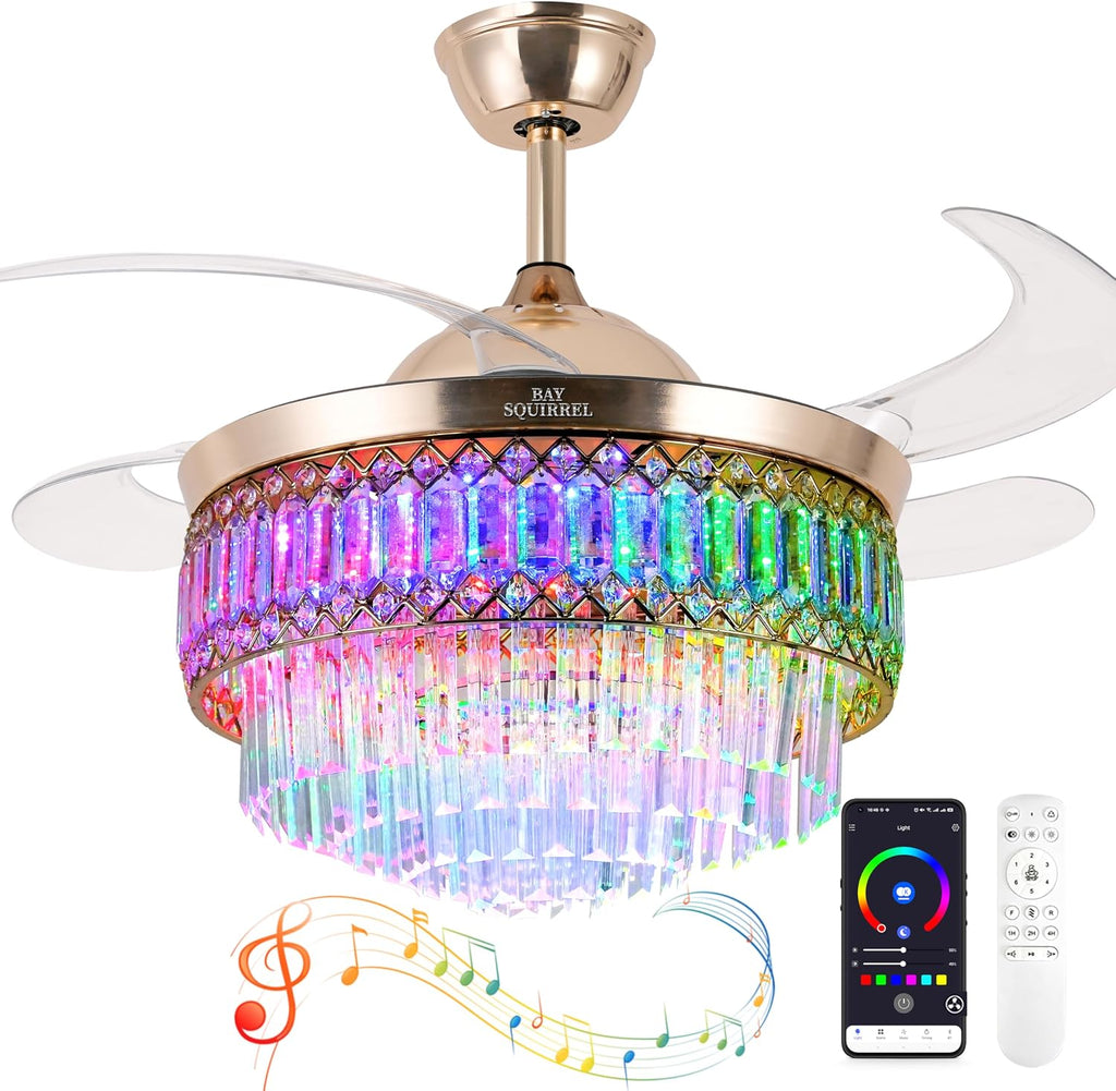Retractable Crystal Ceiling Fan with Lights and Remote/APP Control, Bluetooth Ceiling Fan with Speaker, 6-Speed Reversible Blades, RGB Light, Invisible Fandelier for Bedroom Dinning Room 42'