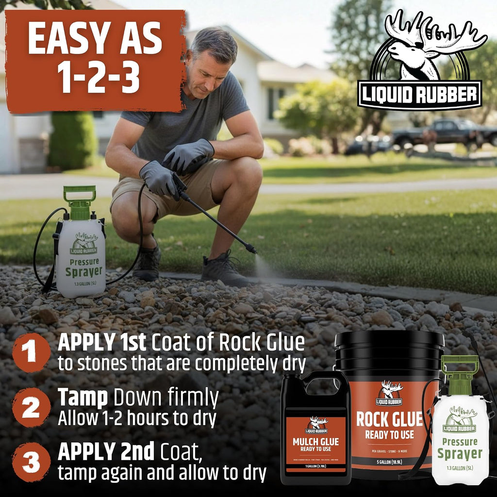 Liquid Rubber Rock Glue Professional Grade Landscaping Stone and Pea Gravel Stabilizer Ready to Use Clear Drying Permeable Water Based Outdoor Binder 5 Gallon 250 sq ft