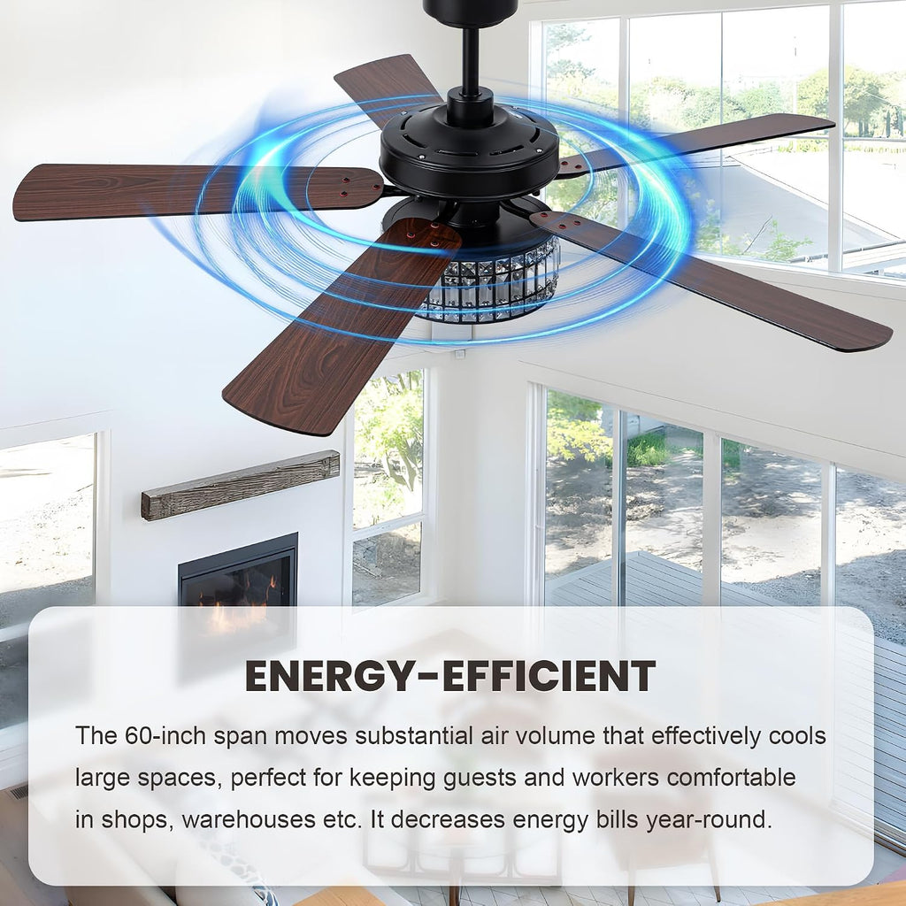 Dawn Whisper 60 Inch Crystal Chandelier Ceiling Fans with Lights Black Large Modern Ceiling Fans for Living Room Bedroom Quiet and Reversible DC Motor 6 Speeds Enegery Efficient