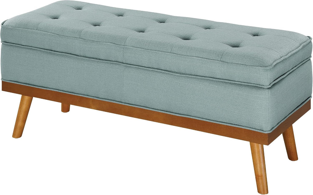 OSP Home Furnishings Katheryn Mid-Century Modern Storage Bench with Tufted Seat and Wood Legs, Sea Blue Fabric