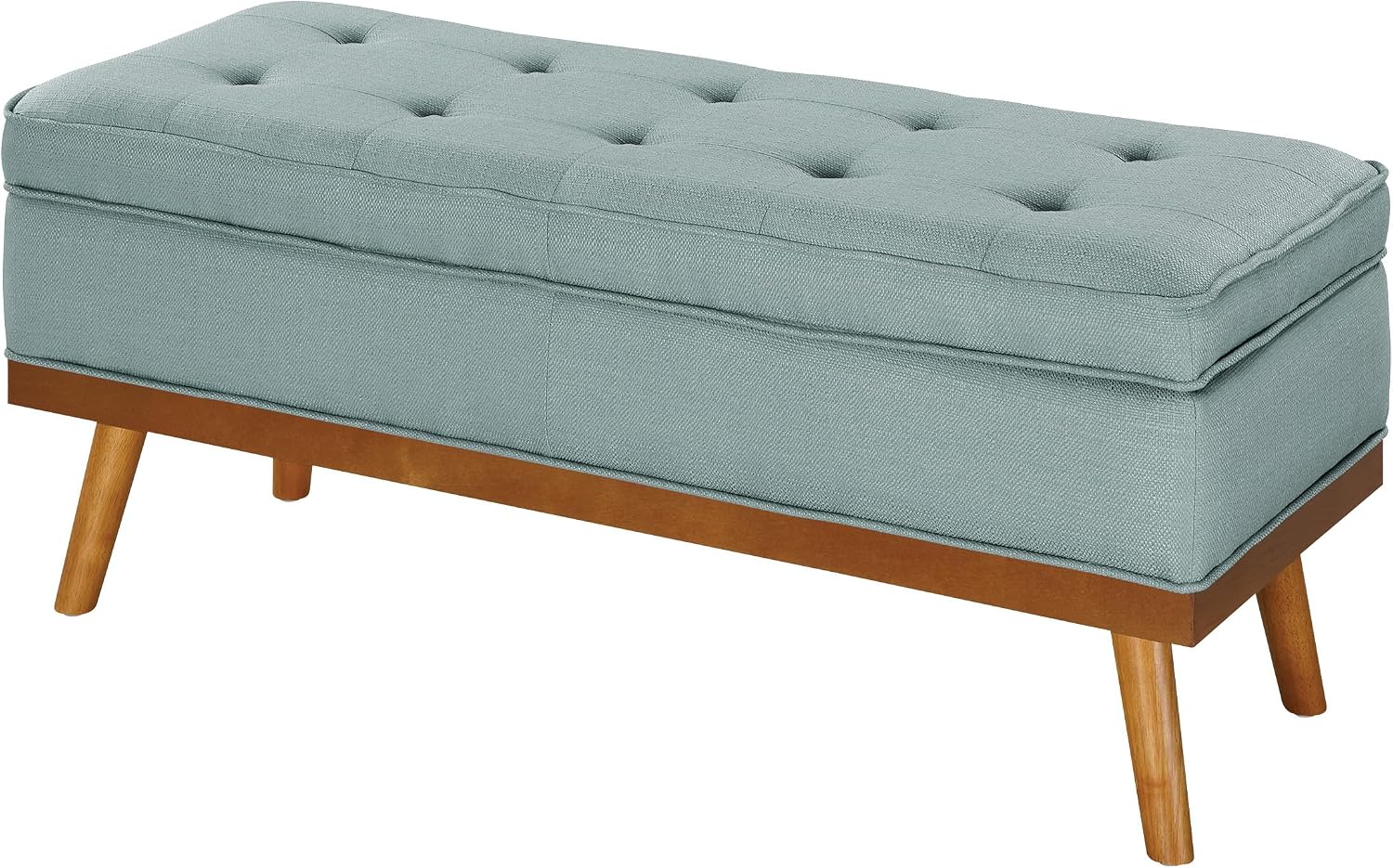 OSP Home Furnishings Katheryn Mid-Century Modern Storage Bench with Tufted Seat and Wood Legs, Sea Blue Fabric