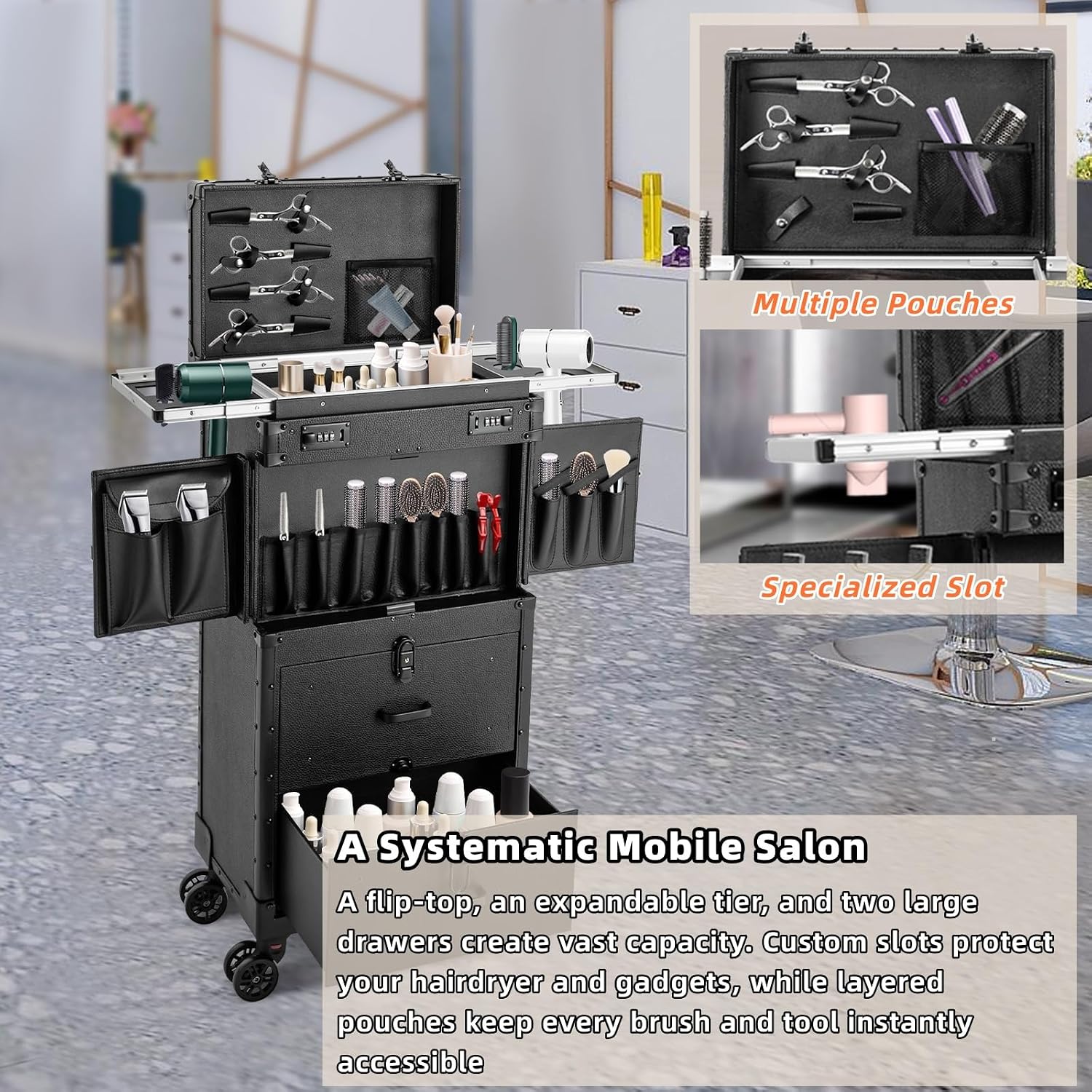 Rolling Makeup Case with Wheels and Locks, Cosmetology Case Makeup Train Case for Salon Barber, Hairdressing Rolling Case Trolley with Hair Dryer Holder and Extendable Tray