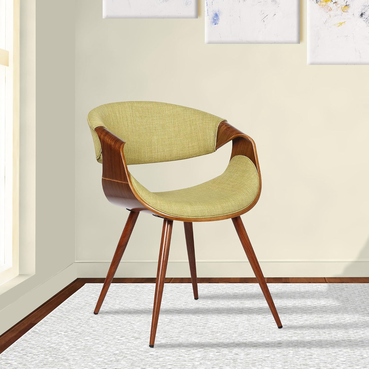 Armen Living Butterfly Mid-Century Dining Chair in Walnut Finish and Green Fabric