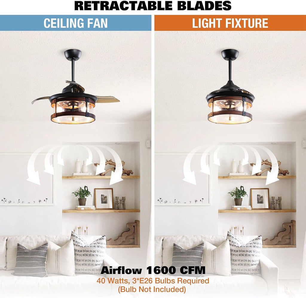 Parrot Uncle Ceiling Fans with Lights and Remote Farmhouse Bedroom Ceiling Fan with Light and Retractable Blades, Black, 36 Inch