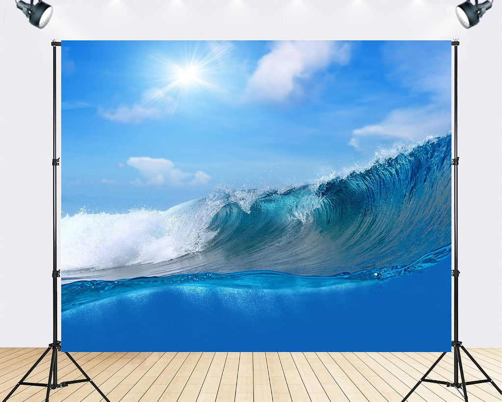 Trykid 20x10ft Turquoise Ocean Wave Backdrop Bright Sun Shining Clear Blue Sky Coastal View Photography Background Tropical Paradise Tapestry Party Decoration Photo Studio Prop Fabric