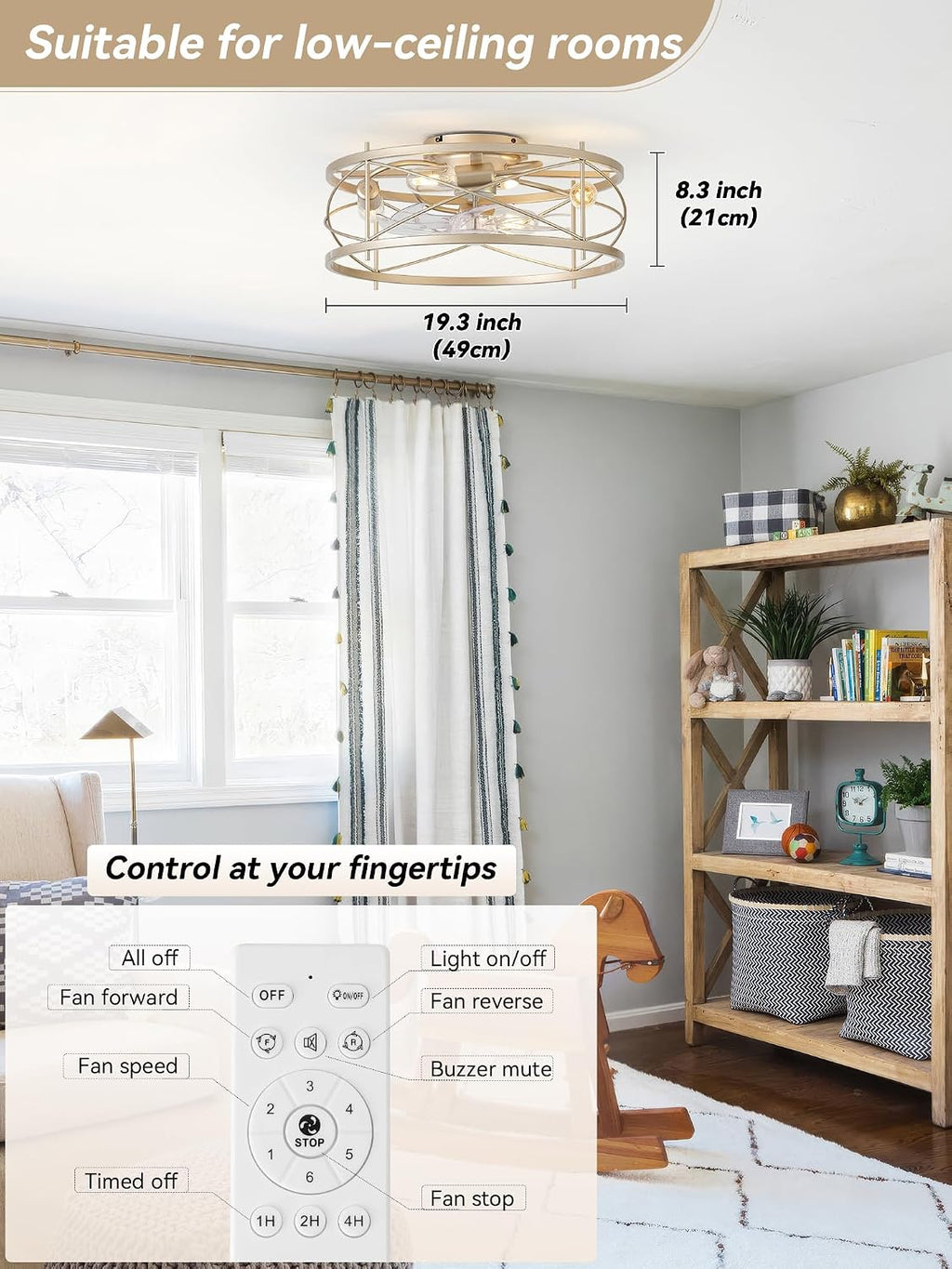 20' Gold Flush Mount Ceiling Fans with Lights, Gold Caged Ceiling Fans with Light and Remote, Bladeless Ceiling Fan with 6 Speeds for Bedroom, Living Room, Nursery