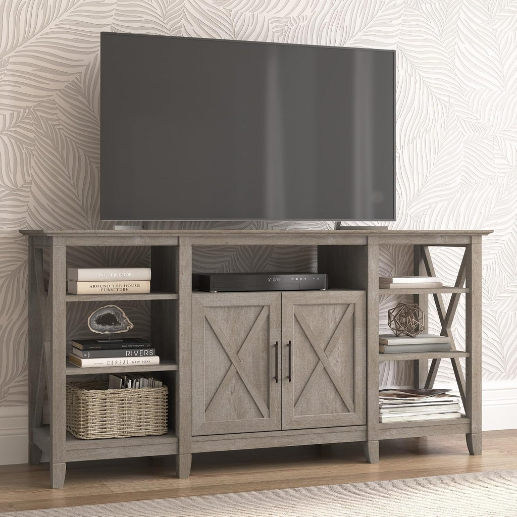 Bush Home Key West Tall TV Stand for 65 Inch TV in Washed Gray, Farmhouse Entertainment Center with Storage