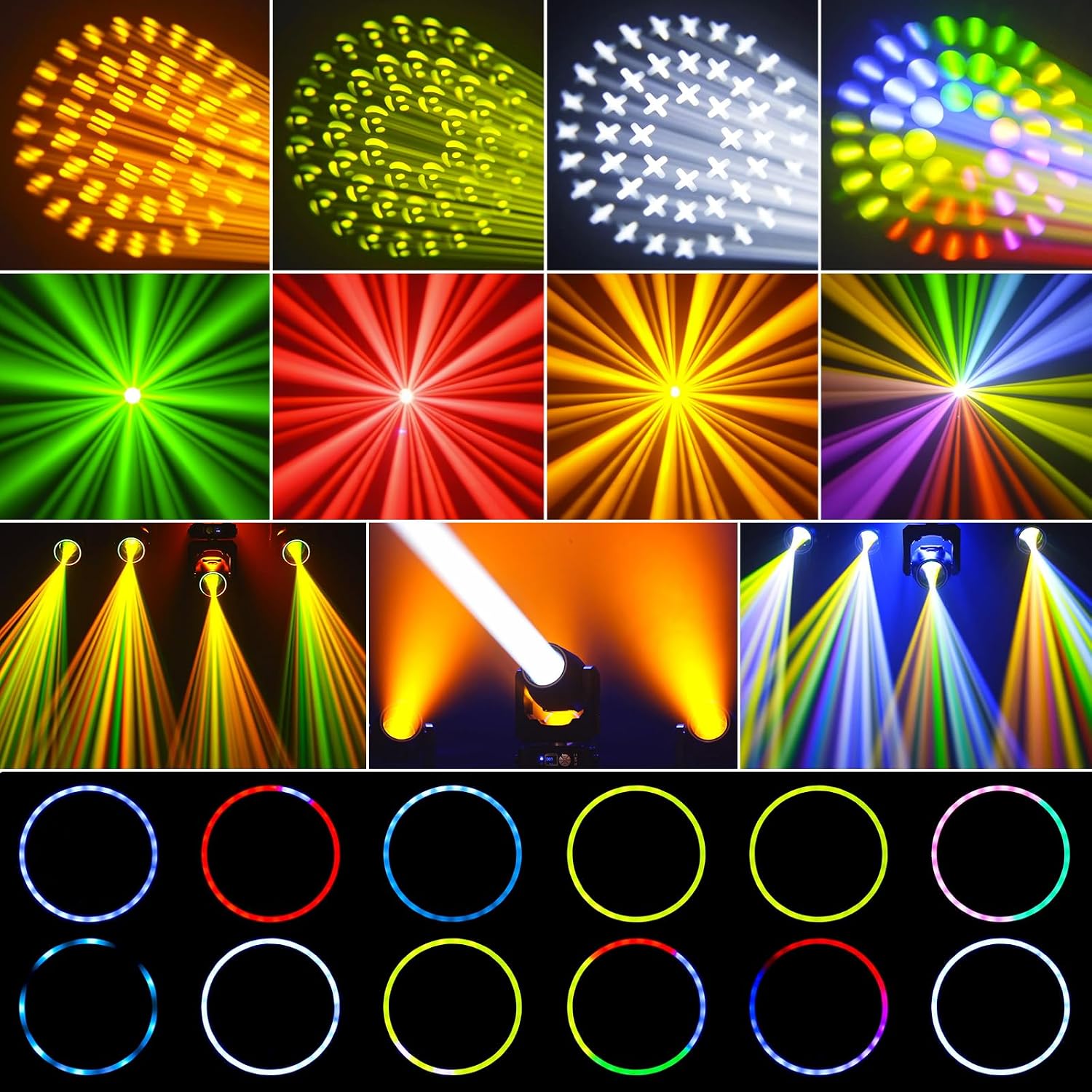 2Pack 230W 7R Moving Head Light with RGB Halo Strip,Ultra-Bright 230,000 Lux 48-Facet Prism 15 Gobos 14 Colors Stage Light DMX512 Sound Activated Beam DJ Lights for Concert Large Venue Touring