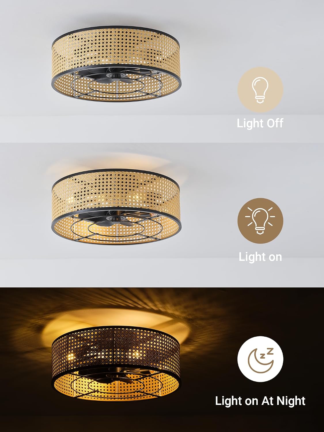 Boho Caged Ceiling Fan with Light, 20' Rattan Flush Mount Ceiling Fans with Lights Remote Contro, Bladeless Enclosed Fandelier Fan Safe for Bedroom, Living room, Nursery