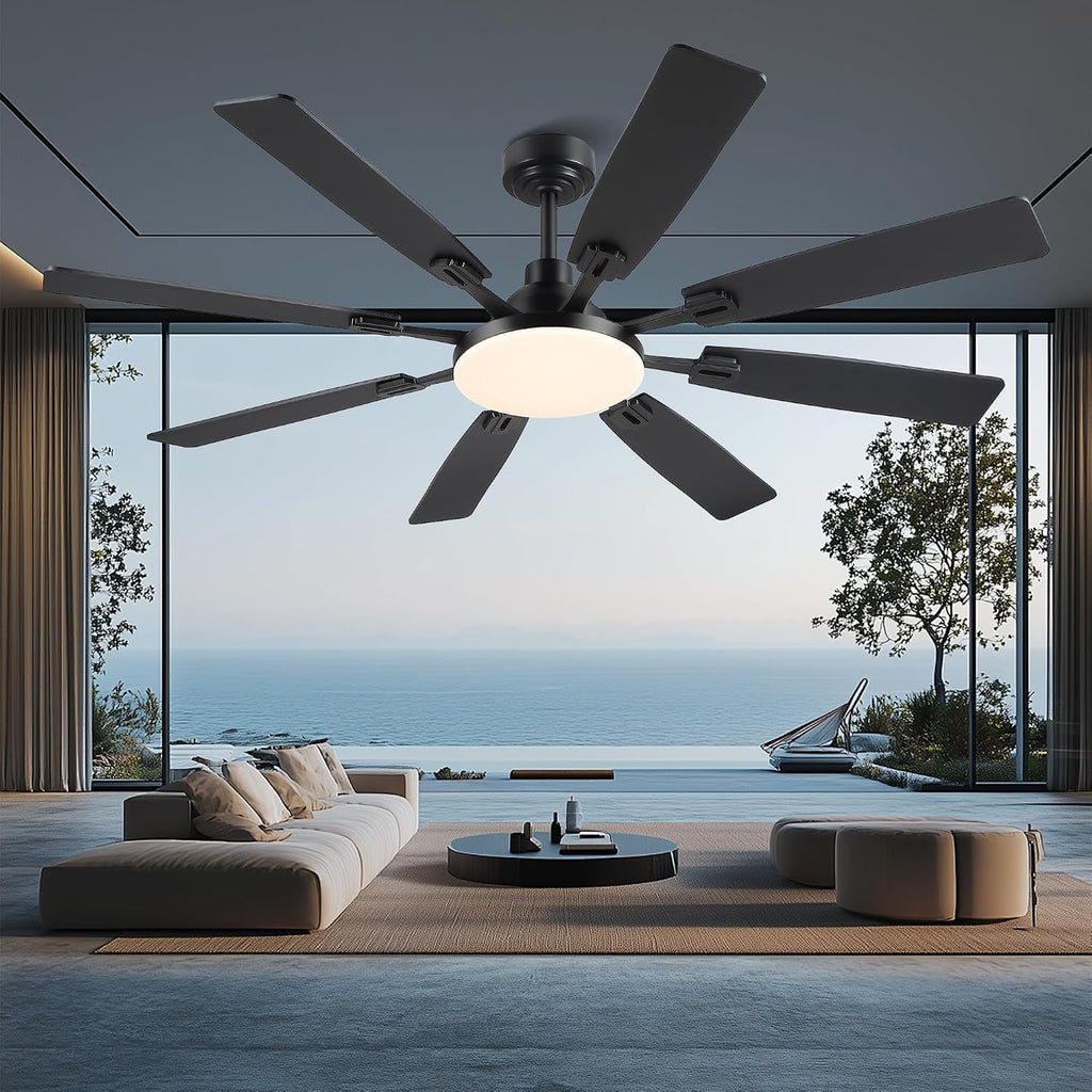 JSAITEE 60In Ceiling Fans with Lights - Black Low Profile Fan Light with 8 Blades, 6 Wind Speeds Reversible, Dimmable, Modern Light Fixture for Indoor Living Room, Kitchen, Coverd Patios