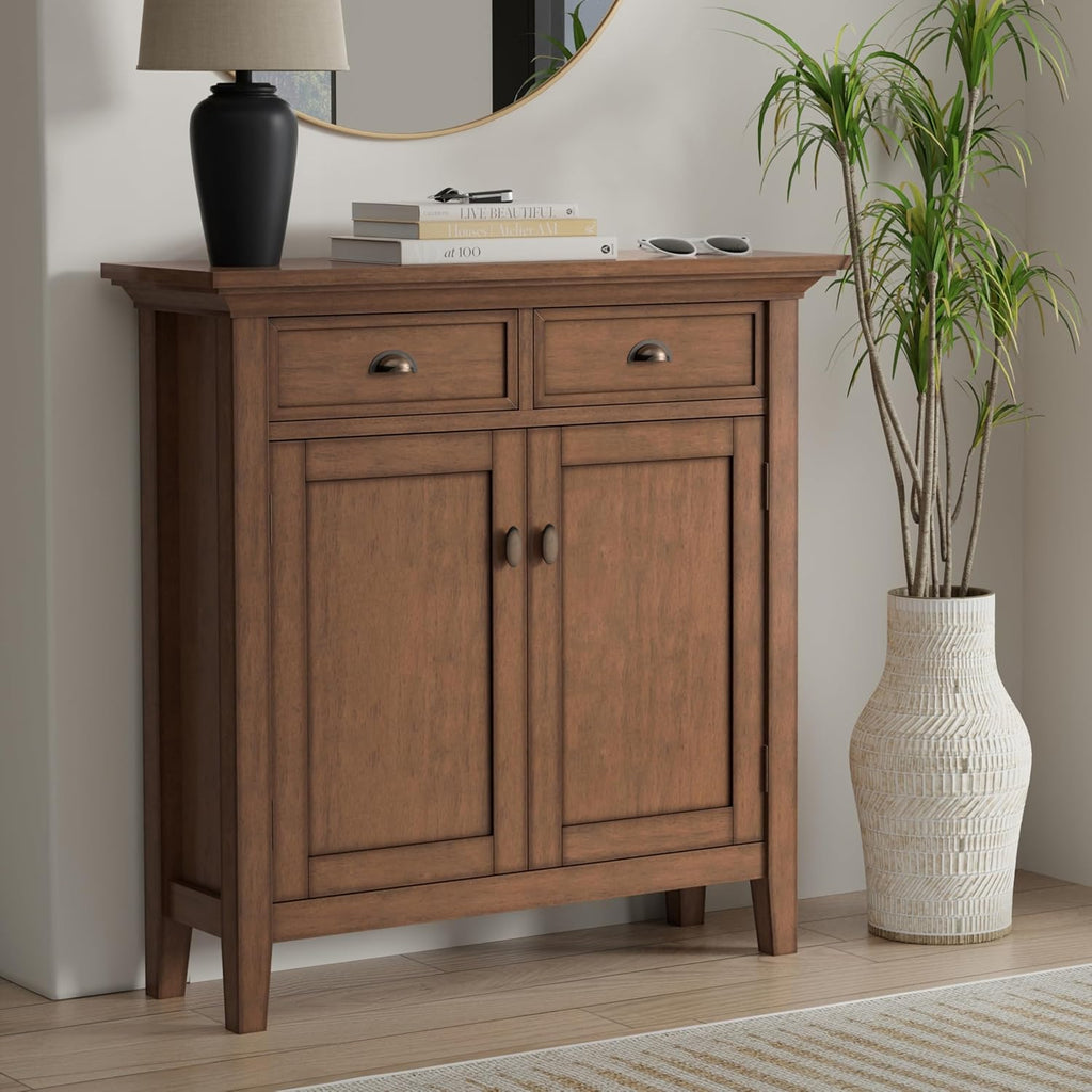 SIMPLIHOME Redmond Storage Cabinet - 36 inch Wide Solid Wood 2-Shelf Entryway Storage Cabinet in Rustic Natural Aged Brown, Transitional Accent Cabinet for Entryway with Drawers and Adjustable Shelves