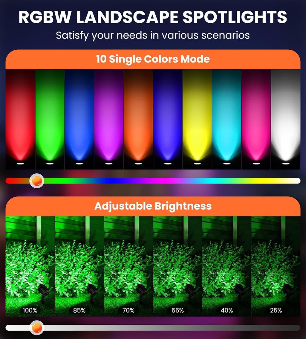 MEIKEE 15W RGB Landscape Lights 12V 24V Low Voltage Landscape Lighting RGBW Color Changing IP66 Waterproof Outdoor Spot Lights with Connectors for Garden Path Yard (12 Pack)