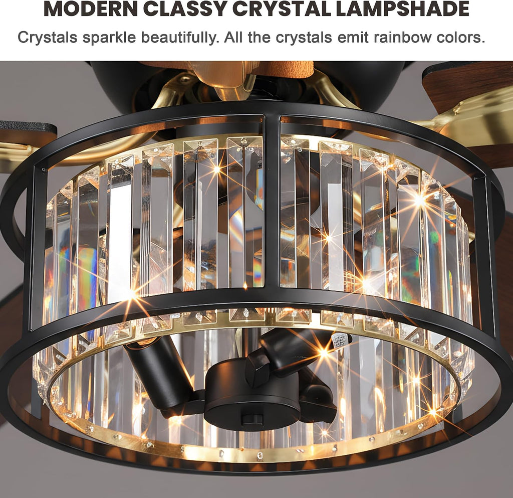 Dawn Whisper 52' Modern Crystal Flush Mount Ceiling Fans with Lights Black | Crystal Chandelier, Low Profile Low Ceilings, Remote Control, Reversible, Noiseless, 6 Speeds, for Living Room Bedroom
