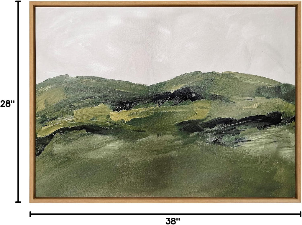 Kate and Laurel Sylvie Green Mountain Landscape Framed Canvas Wall Art by Amy Lighthall; 28x38 Natural; Modern Soft Watercolor Nature Landscape Art for Wall Home Decor