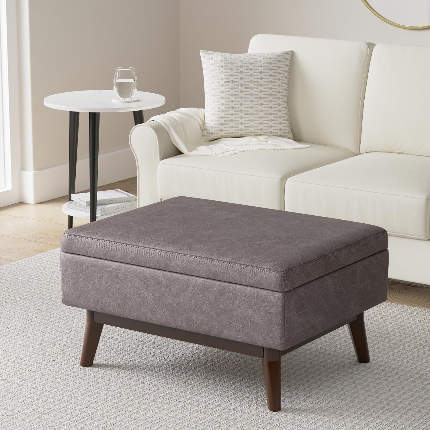 SIMPLIHOME Owen Coffee Table Storage Ottoman - 34' Wide x 19' High Upholstered Vegan Leather Rectangular Lift-Top Ottoman in Distressed Grey Taupe, Mid-Century Modern Bench with Tapered Legs